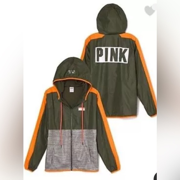 Victoria Secret Pink XS-S Zip up Jacket Army Green/Orange Nylon Hooded - Picture 1 of 6